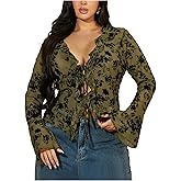 WDIRARA Women's Plus Size Floral Lace Sheer T Shirt Tie Front Long Bell Sleeve Tee Going Out Tops