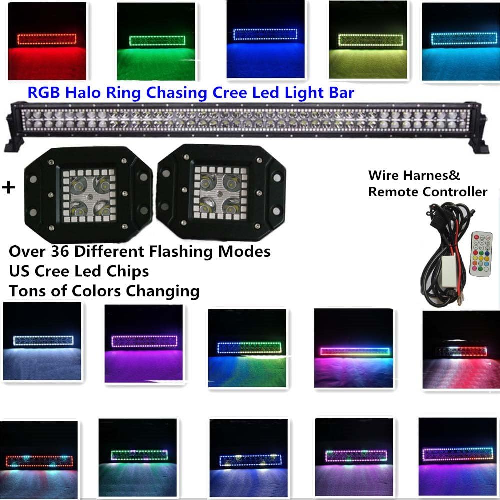 IOV LIGHT 32 Inch 180W Cree RGB Halo Ring Chasing Led Light Bar Combo over 300 Flashing Modes and Tons of Colors Changing with 2pcs16w RGB Chasing Cree Flush Mount Spot Beam Led Cube Free Wire Harness