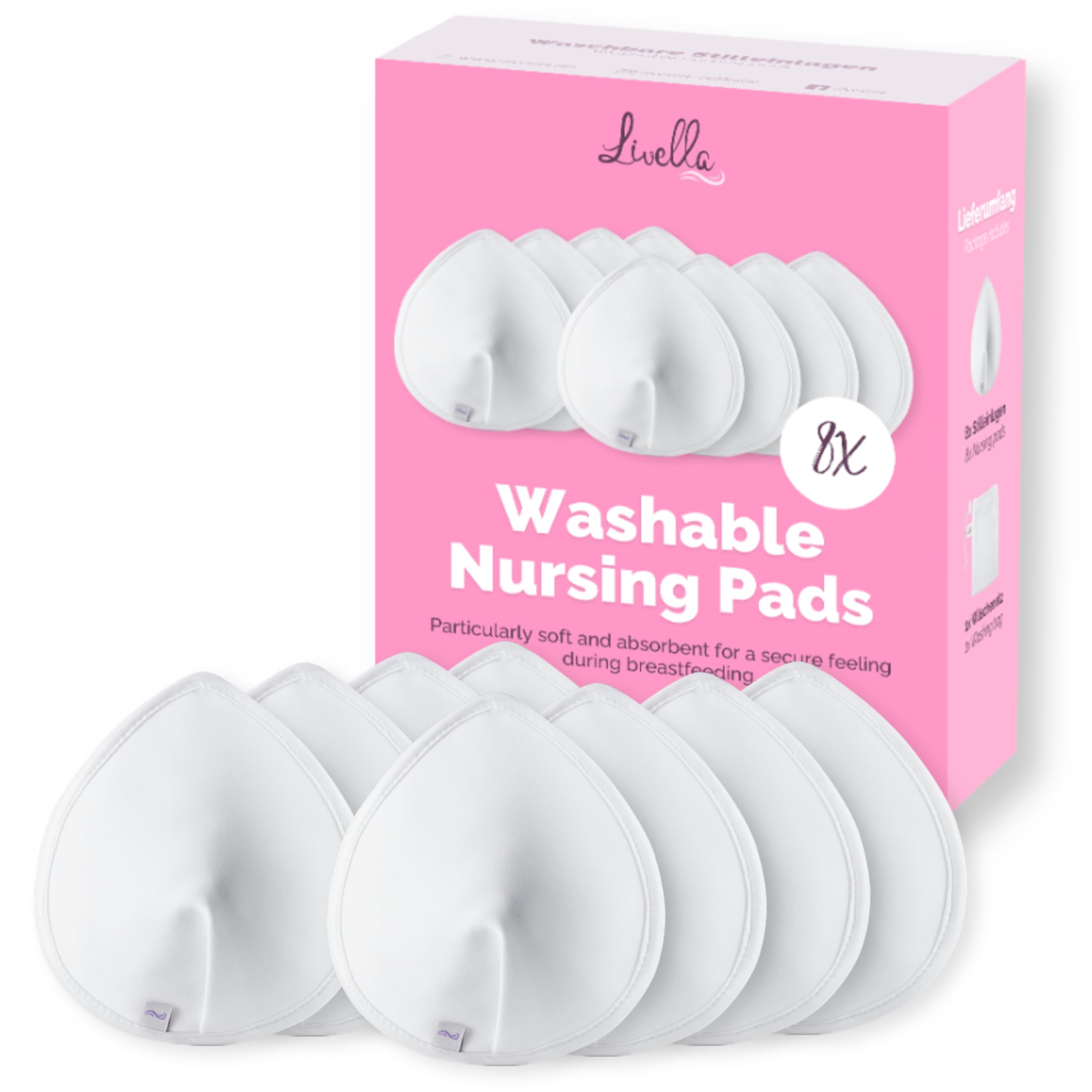 Livella | 8-Pack of Washable Nursing Pads Made from Bamboo Fiber | Reusable Breast Pads for Milk Flow During Breastfeeding | Ultra Absorbent and Super Soft Under Clothes | Includes Laundry Bag
