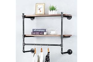 JIANZHUO Industrial Pipe Clothing Rack Wall Mounted with Wood Shelf,Retail Garment Rack Display Rack,Pipe Shelving Floating Shelves,30in Clothes Racks