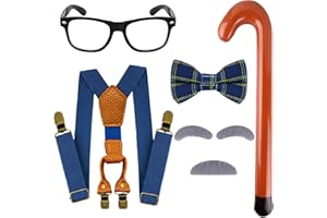 MATINIY 5 PCS 100 Days of School Old Man Costume Include Glasses Suspenders Bow Tie Cane Mustache for Grandpa Dress Up