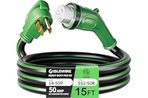 ISLEWIRE 50 Amp 15 Feet RV Power Cord, Heavy Duty 6/3 + 8/1 Gauge STW 50A Generator Cord, NEMA 14-50P to SS2-50R LED Power Indicator Twist Lock for RV Trailer Camper and Generator to House, ETL Listed