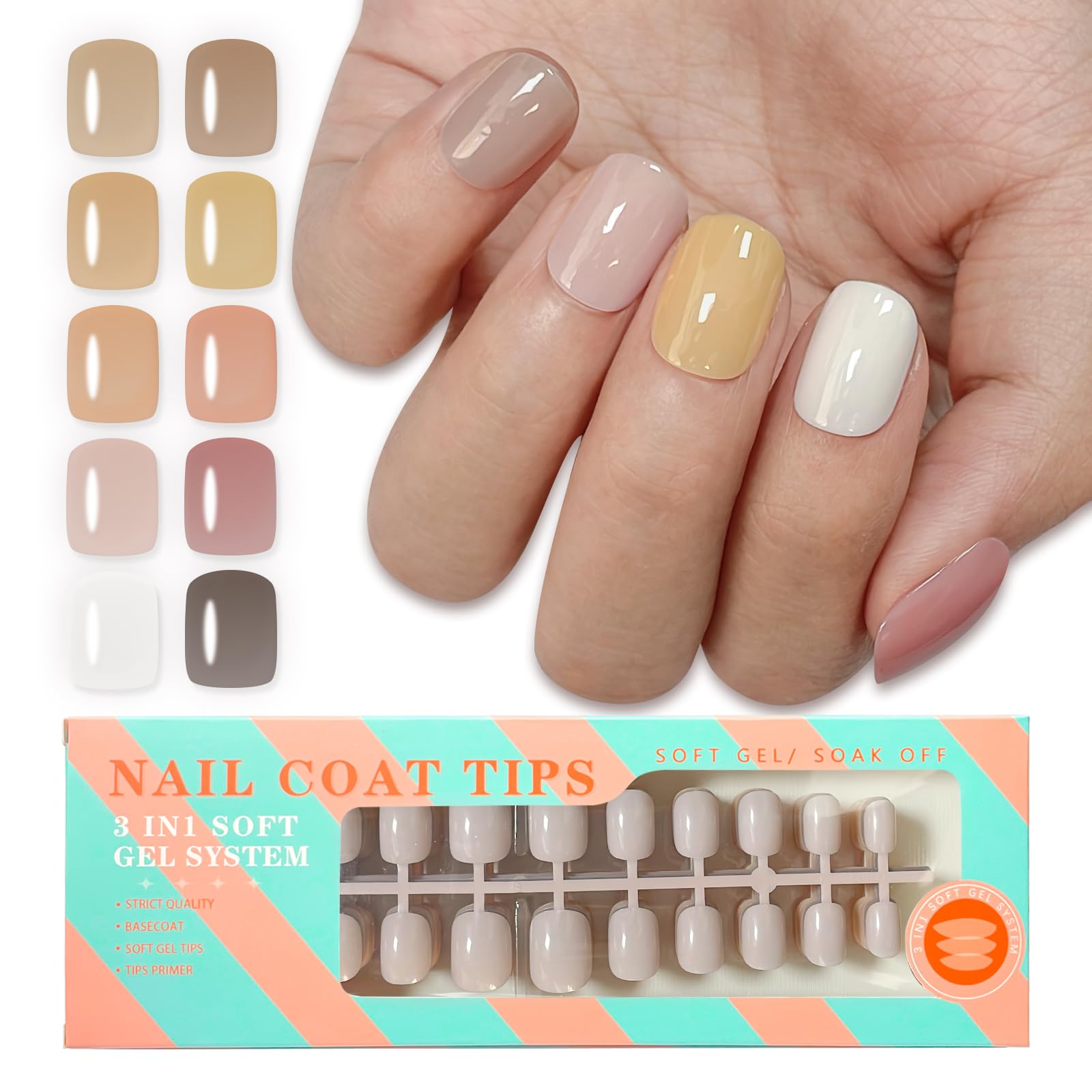 Short Square Color Gel Nail Tips-10 Colors Soft Gel Fake Nail Tips,Pre-applied Press On Nail Tips 12 Sizes 240Pcs,Full Cover Nail Tips for Nail Extension DIY Manicure