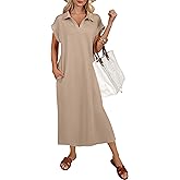 ANRABESS Womens Summer Casual Midi Dresses Short Sleeve Polo V Neck Loose Split Wrinkle-Free Beach Vacation Tshirt Maxi Dress