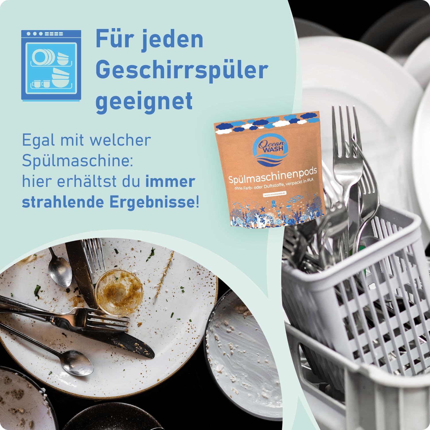 OceanWash Spülmaschinenpods ohne Plastik, Farb- und Duftstoffe, biologisch abbaubare Geschirr-Spültabs ohne Parfum, vegane Tabs für Geschirrspüler, verpackt in PLA 4