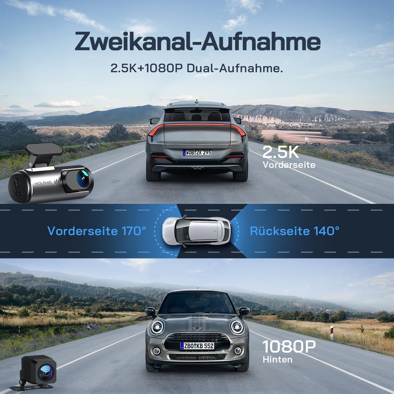 WOLFANG Dashcam Auto Vorne Hinten, 4K+1080P Wi-Fi Dash Cam, Ultra-Nachtsicht, Dual Auto Kamera mit 70°-Weitwinkel, WDR, 24 Std. Parkmodus, G-Sensor, Loop-Aufnahme 2