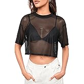 SHENHE Women's Sheer Mesh Top Crew Neck Short Sleeve Loose Fit Crop Tee Shirt Top
