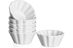 DOWAN Ramekins 6 oz, Creme Brulee Ramekins oven safe, Flower-Shaped Porcelain Ramekins for Baking Pudding, Souffle Dish, Custard Cups Dipping Sauce Bowls, Set of 6, White