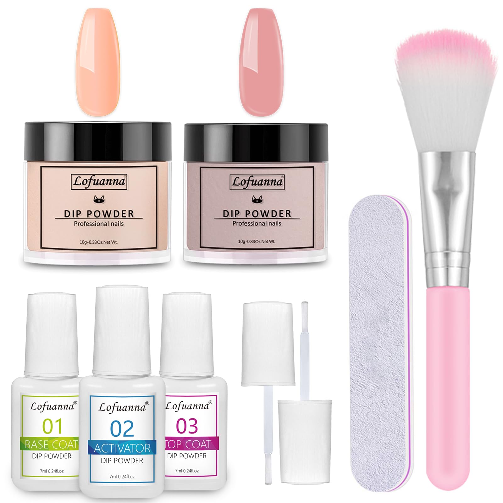 Lofuanna Dip Powder Starter Kit - 2 Colors with Base Top Coat Activator - No UV/LED Needed, 9Pcs DIY French Manicure Set for Beginners (Nude Set)