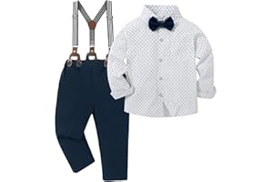 YALLET Toddler Boy Clothes Suit, Formal Dress Shirt with Bowtie+Suspender Pants Boy Gentleman Wedding Outfits 2-10 Years