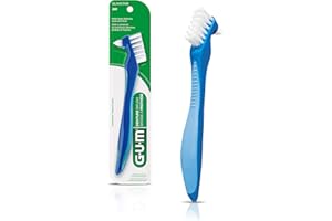 GUM Denture Brush, Flat Bristled Head (2 Cleaning Heads), 1 Single Brush, Colour May Vary