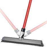 2-in-1 Silicone Rubber Broom Carpet Rake and Squeegee - Swivel Pet Hair Removal Broom - 4 Piece Handle - Slanted Side Bristle