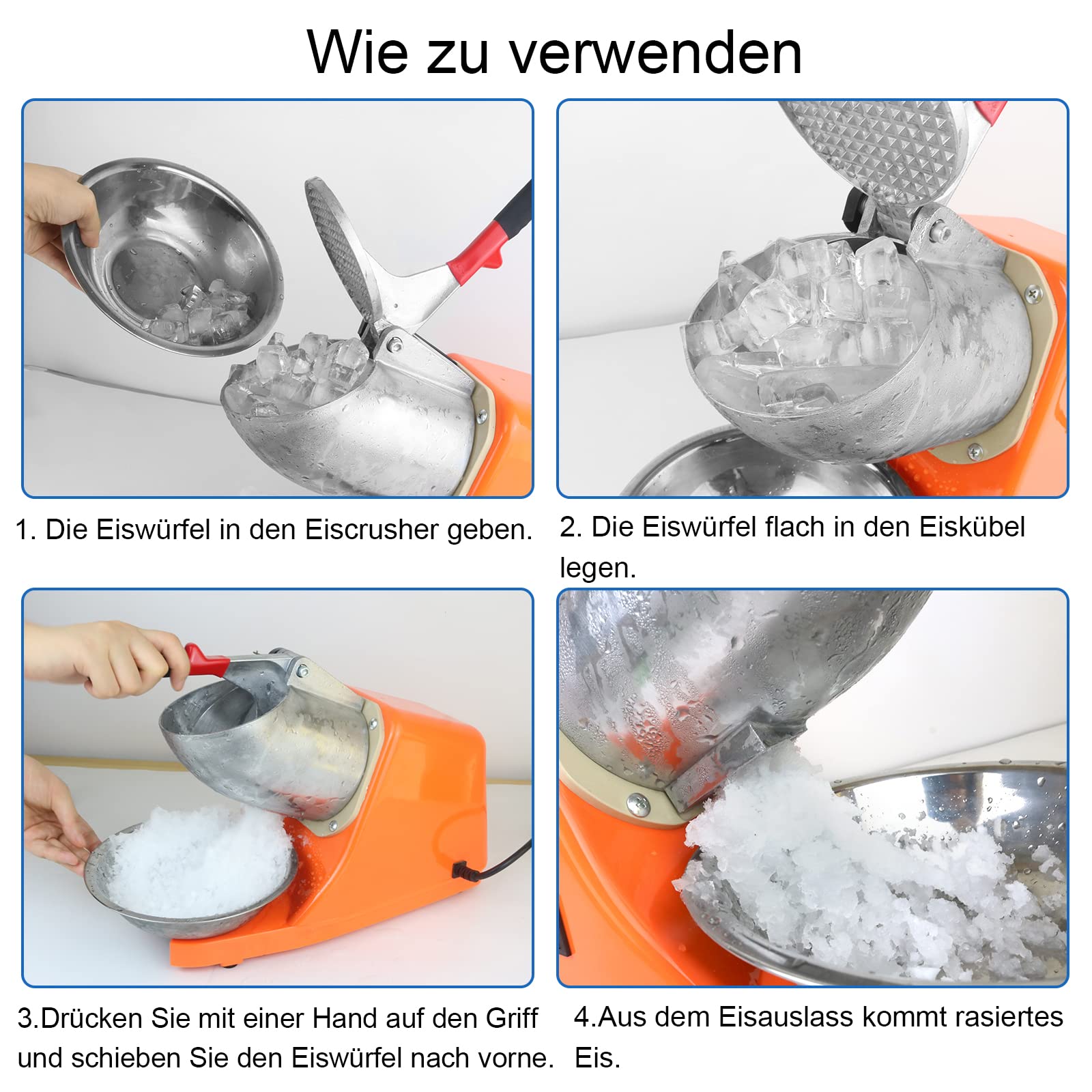 Elektrischer Ice Crusher, 300W Eiszerkleinerer 80kg/h,Doppelmesser Eiscrusher, Doppelmesser Eiscrusher,Smoothie Maschine für Restaurants, Bars, Partys (Orange) 4