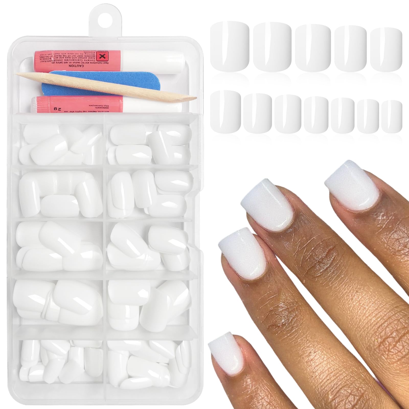 Bellelfin Square Press on Nails Short, 120Pcs Glossy White Fake Nails Full Cover Acrylic Nail Press ons Reusable Glue on Nails Solid Color Artificial False Nail for Women Girls