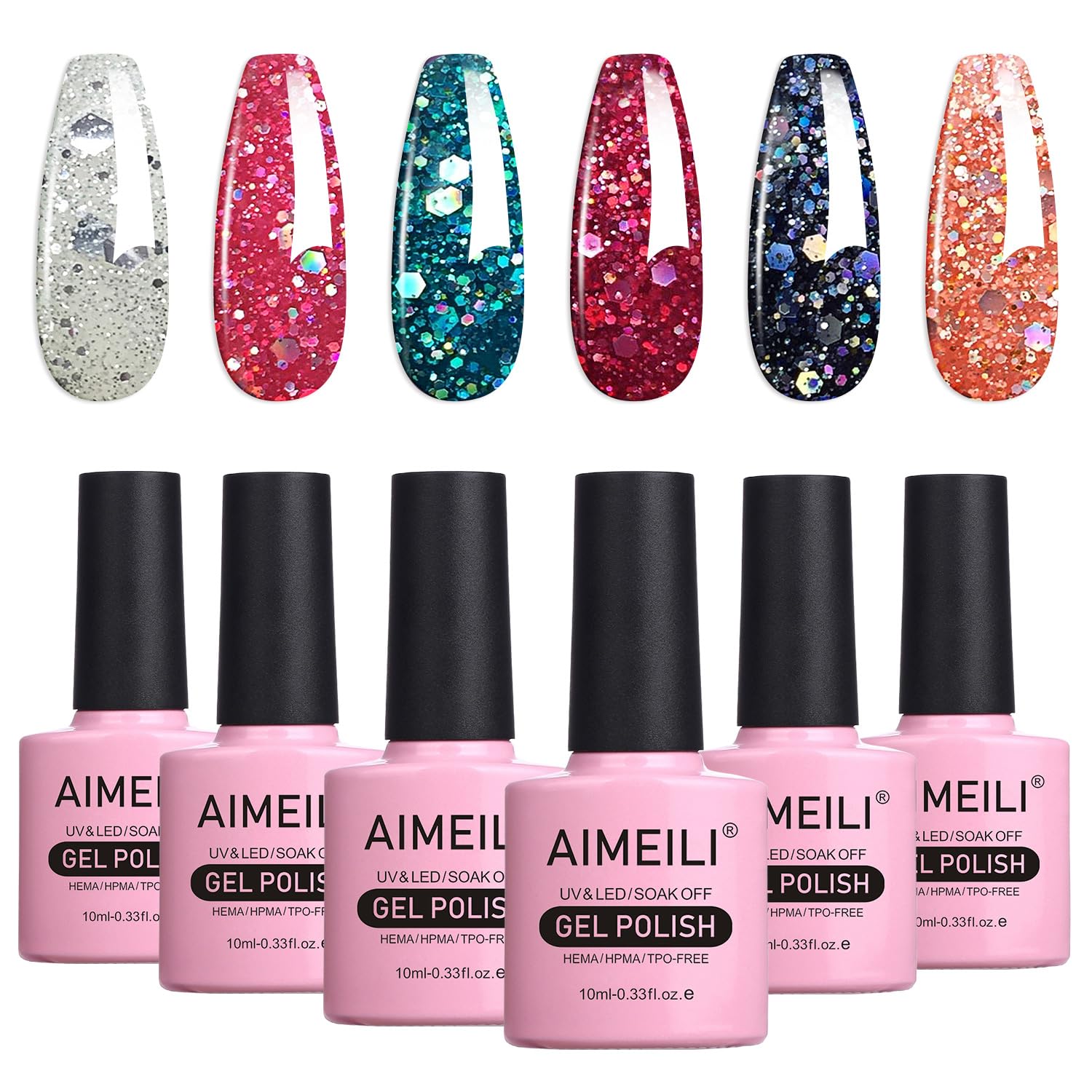 AIMEILI Glitter Gel Nail Polish Set Soak Off UV LED Gel Polish Sparkle Multicolour/Mix Colour/Combo Colour Of 6pcs X 10ml - Gift Kit 6