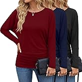Velvelhall 3 Pack Women's Dolman Sleeve Tops Casual Long Sleeve Flowy Side Ruched Shirts Round Neck Bat Wing Draped Basic Tee