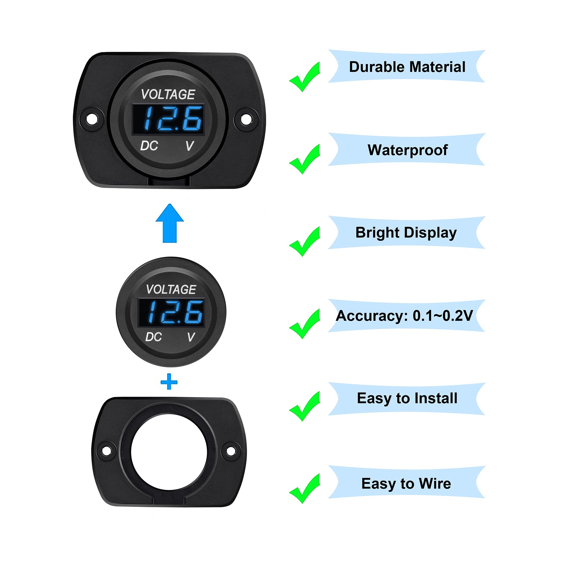 CrocSee 2 Pack DC 12V 24V Waterproof Car Voltmeter LED Digital Display Panel, Round Voltage Gauge with Terminals for Car/Motorcycle/Travel Trailer/Truck/Boat/ATV/UTV (Blue LED Display)
