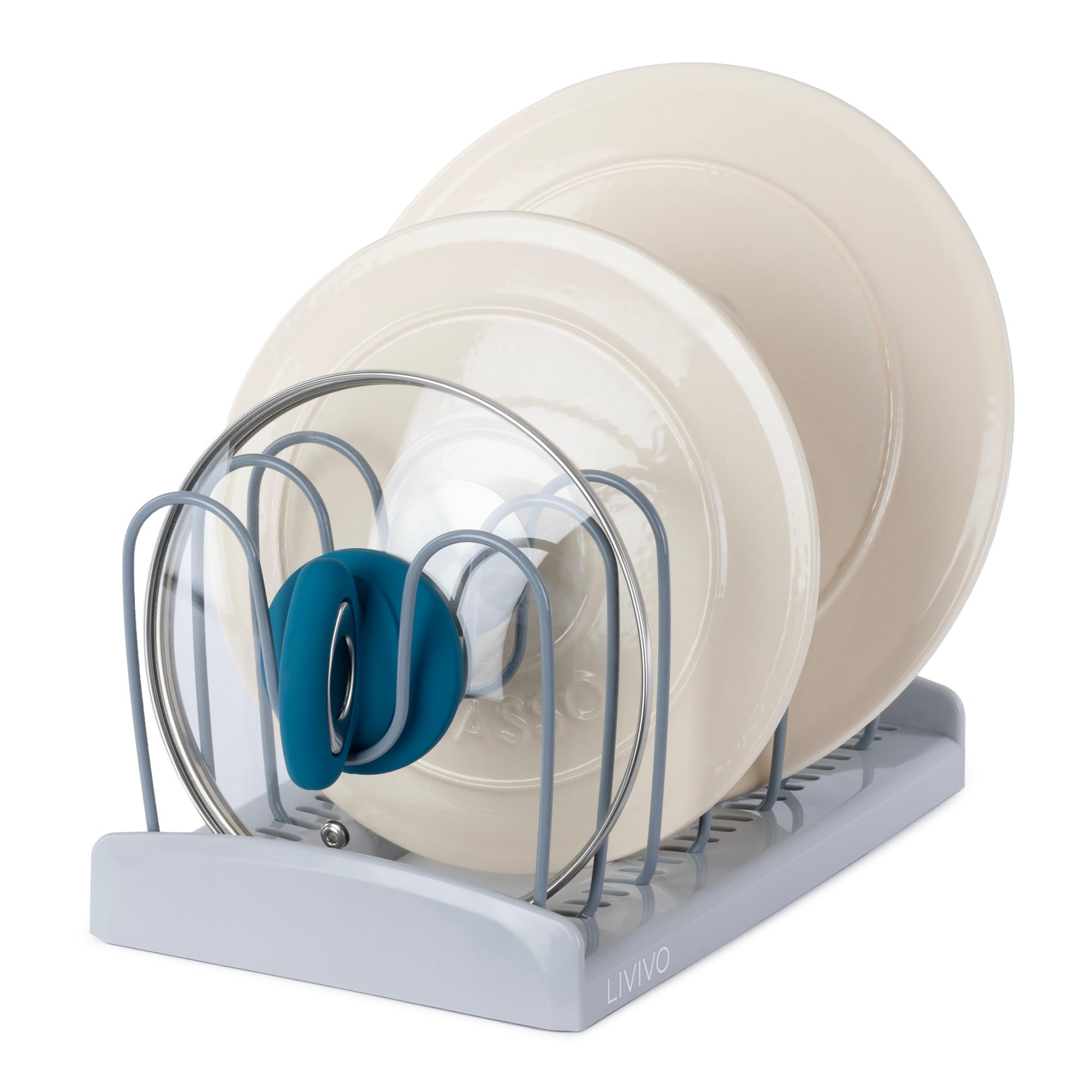 LIVIVO Adjustable Lid Holder Rack for Pots, Pans, Trays & Chopping Boards – Kitchen Cupboard Lid Organiser & Bakeware Storage Stand with Metal U-Shape Dividers – Countertop or Cabinet Use