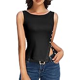 ADORPOP Womens Ribbed Tank Tops - 2025 Summer Sleeveless Vest Crew Neck Side Button Asymmetrical Casual Basic Shirts