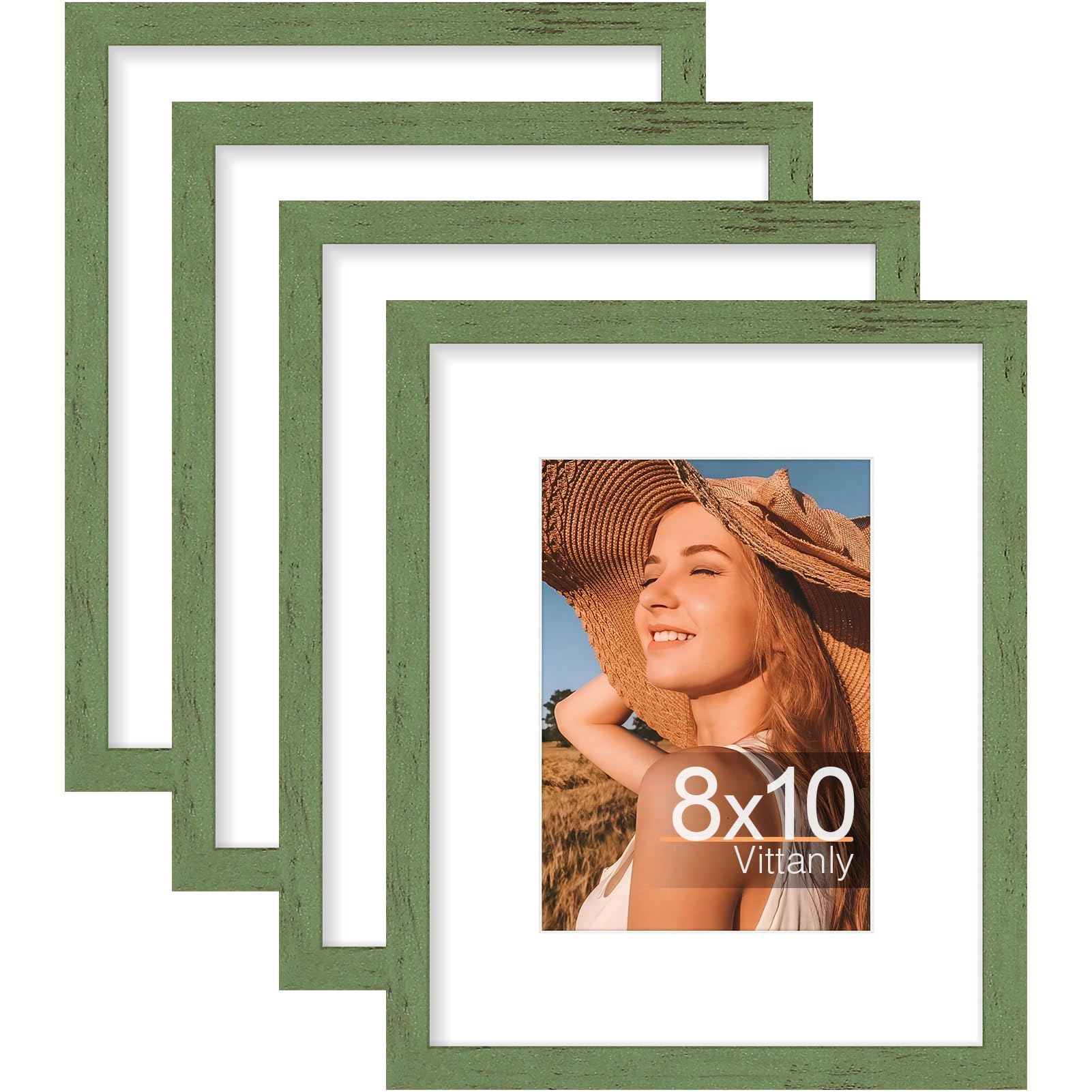 Vittanly 8x10 Picture Frames Set of 4, Display Pictures 5x7 with Mat or 8x10 without Mat, Gallery Wall Frame Set for Wall or Tabletop, Engineered Wood with Shatter Resistant Plexiglass, Rustic Green