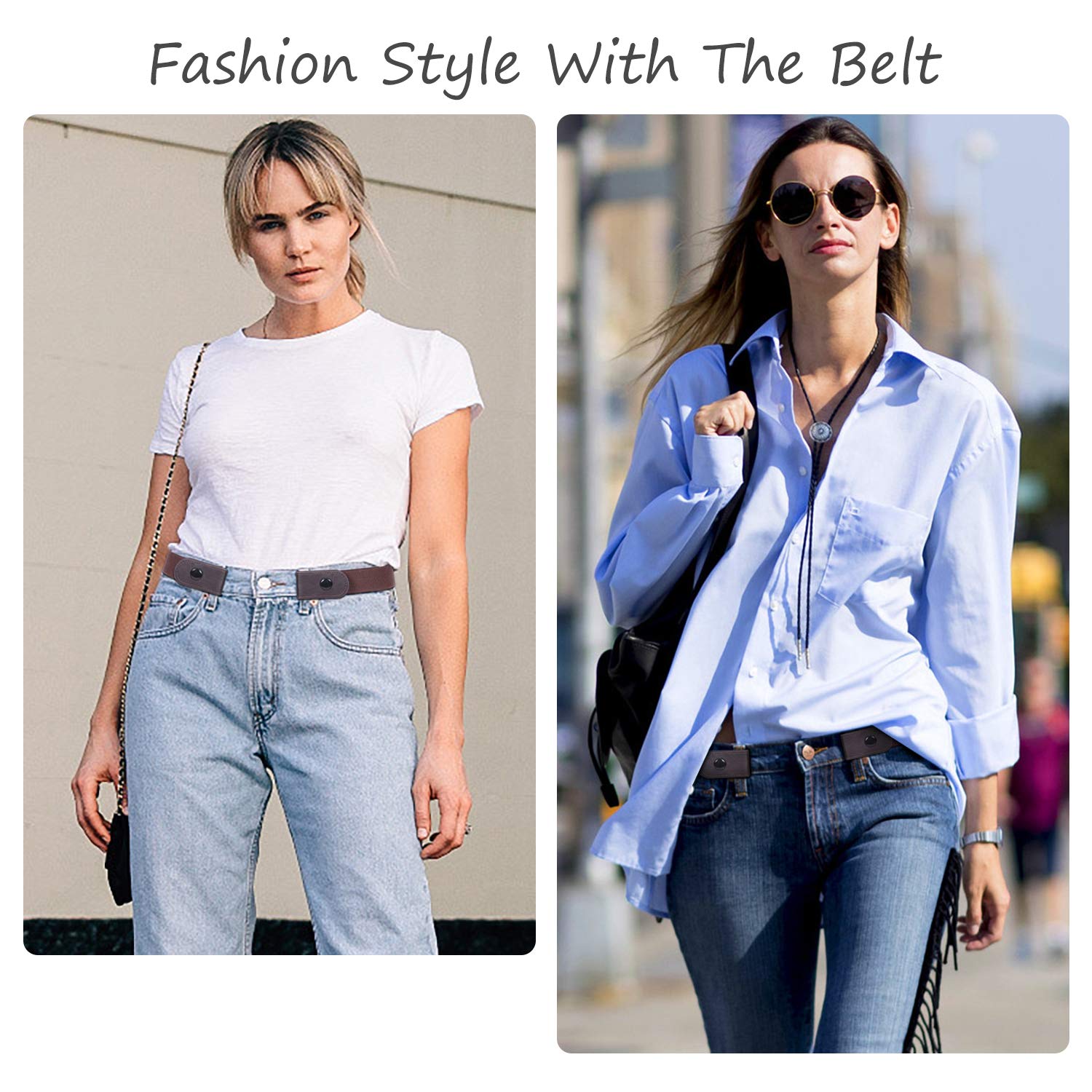 Nickle Free Metal Free Women No Buckle Invisible Stretch Belt For Jeans, Coffee, Large(Pants Size 34-48 Inches)