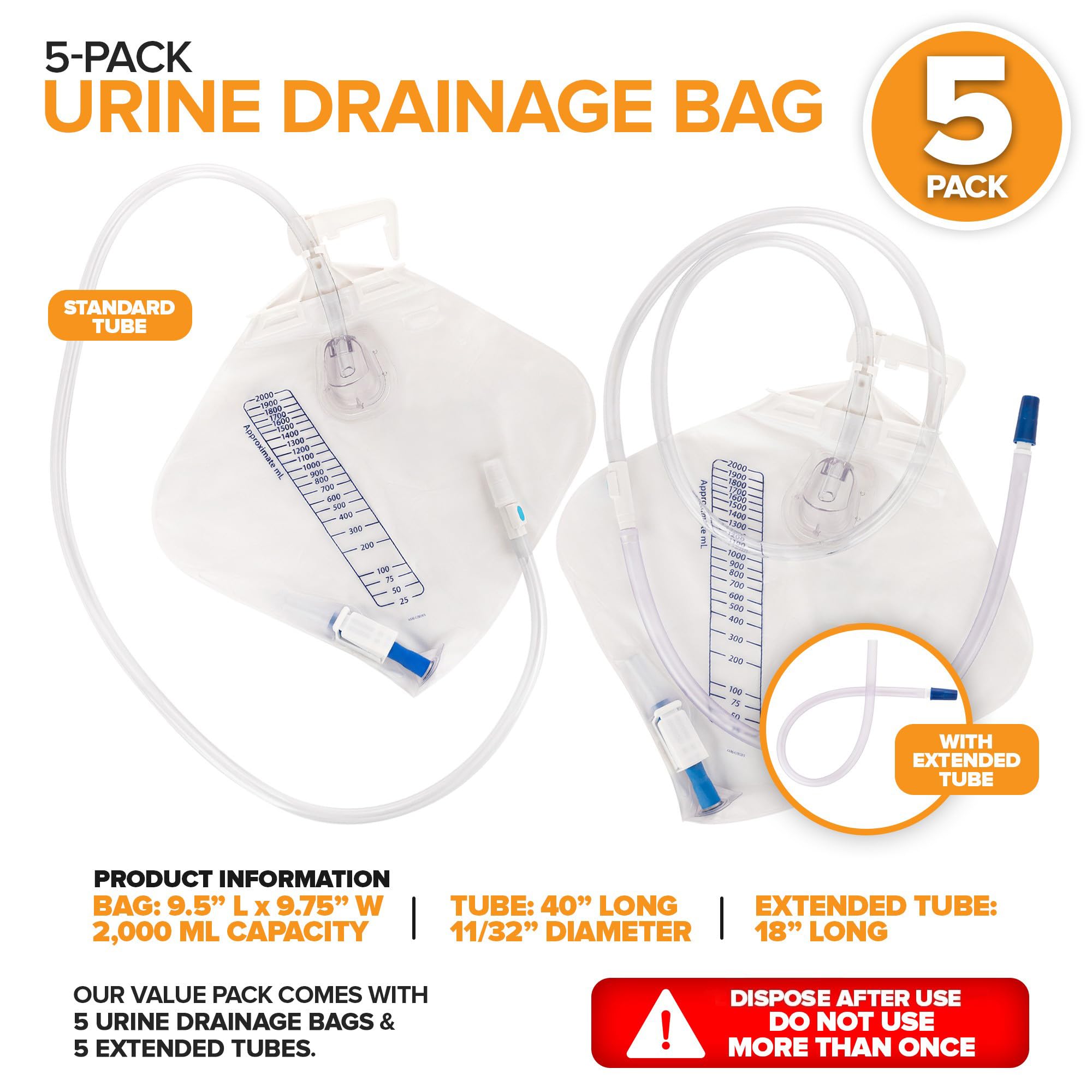 RUSCH Urine Drainage Bag with 18” Extended Tube (5 Pack) - Urine Bag with Anti-Reflux Chamber with Splash-Resistant Drain Spout - 2000 mL Vinyl Urine Bags for Men - 40