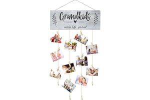 JETEC Grandma Gifts Photo Frame Holder Grandkids Make Life Grand Grandma's Picture Board Frame with Wooden Clips and Round Bead Ropes for Home Decor 15 x 5.5 Inches (White Background and Black Letter)