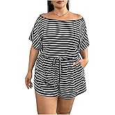 Verdusa Women's Plus Size Off The Shoulder One Piece Rompers Summer Vacation Outfits Tied Knot Short Jumpsuits with Pockets