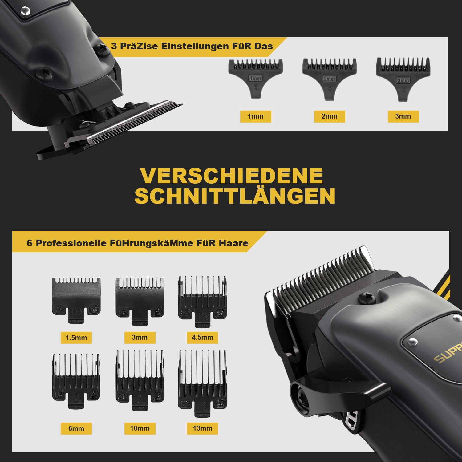 SUPRENT Haarschneidemaschine Set für Herren, Schnurlose Haarschneider Pflegesets, Friseur-Haarschere mit LED-Anzeige, Präzisions Haartrimmer Bartschneider für Männer (Grau) 6