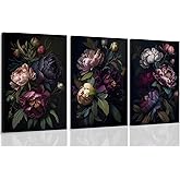 ICHZUMW Moody Floral Wall Art Framed, Vintage Peony Wrapped Canvas Wall Art Set of 3, Dark Academia Floral Prints, Gothic Flower Pictures for Bedroom Living Room Decor, Elegant Botanical Home Decor
