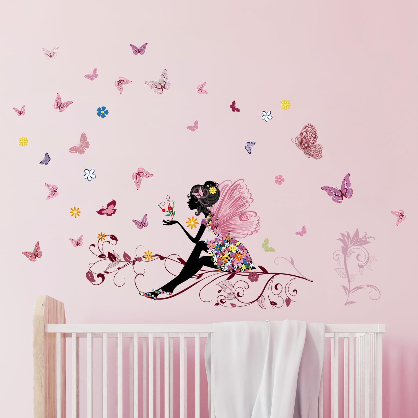 Tanlaby Flower Fairy Wall Decals Colorful Floral Vine Butterfly Girl Wall Stickers DIY Vinyl Wall Art Decor for Girls Baby Nursery Bedroom Playroom Home Decoration