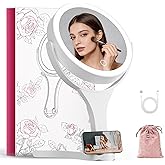 Hasipu Portable Travel Makeup Mirror with Lights – 360° Rotating with 1X/10X Magnifying, Rechargeable Tabletop Handhold Hanging 3 in 1 Mirror (White)