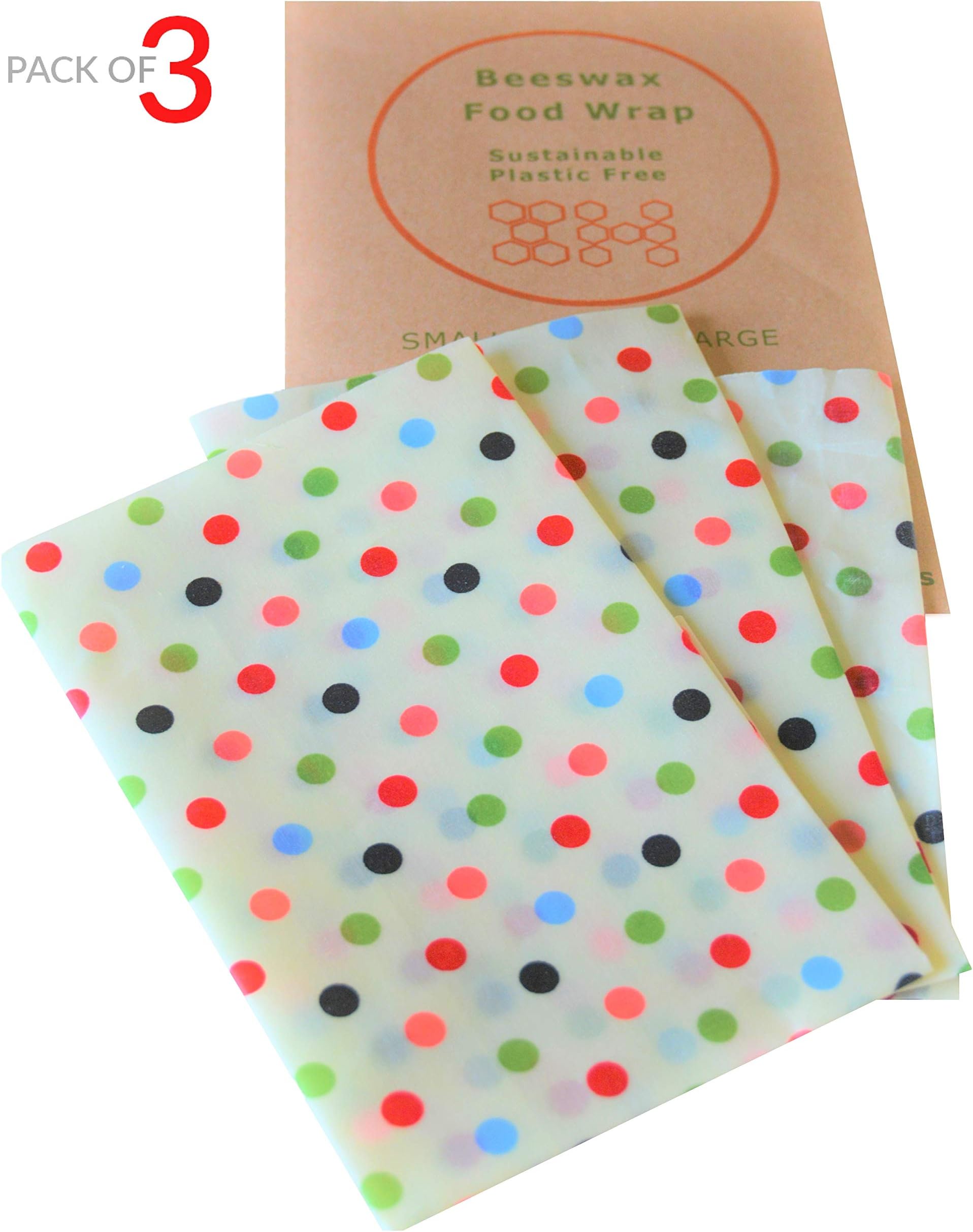 Home Essentials by Novelty Wares-Organic Beeswax Food Wrap Reusable Breathable Plastic Free Sustainable Storage Wraps in Assorted 3 Pack (S,M,L) Eco Friendly Natural Ingredients-Anti Bacterial(Dots)