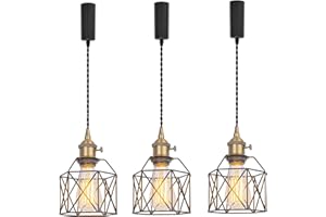 KAYYELAMP Set of Three 3.2 Ft Adjusted Cord Halo Type Track E26 Base with Knob Switch Vintage Design Black Hollow Metal Pendant Light for Bar Restaurant Entryway Aisle Kitchen Sink(No Bulb & Track)