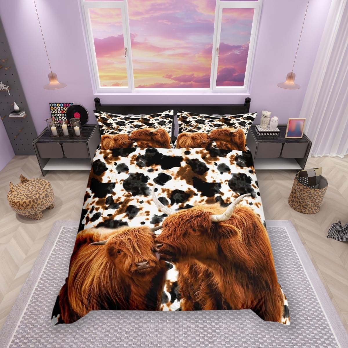 feelingyou Highland Cow Duvet Cover Set Single Size, Ink Milk Skin Fur Print Tribal Tie Dye Comforter with 1 Pillow Sham, Rustic Vintage Western Wild Animal Bedding Sets, Brown, (53''x79'') — image 1