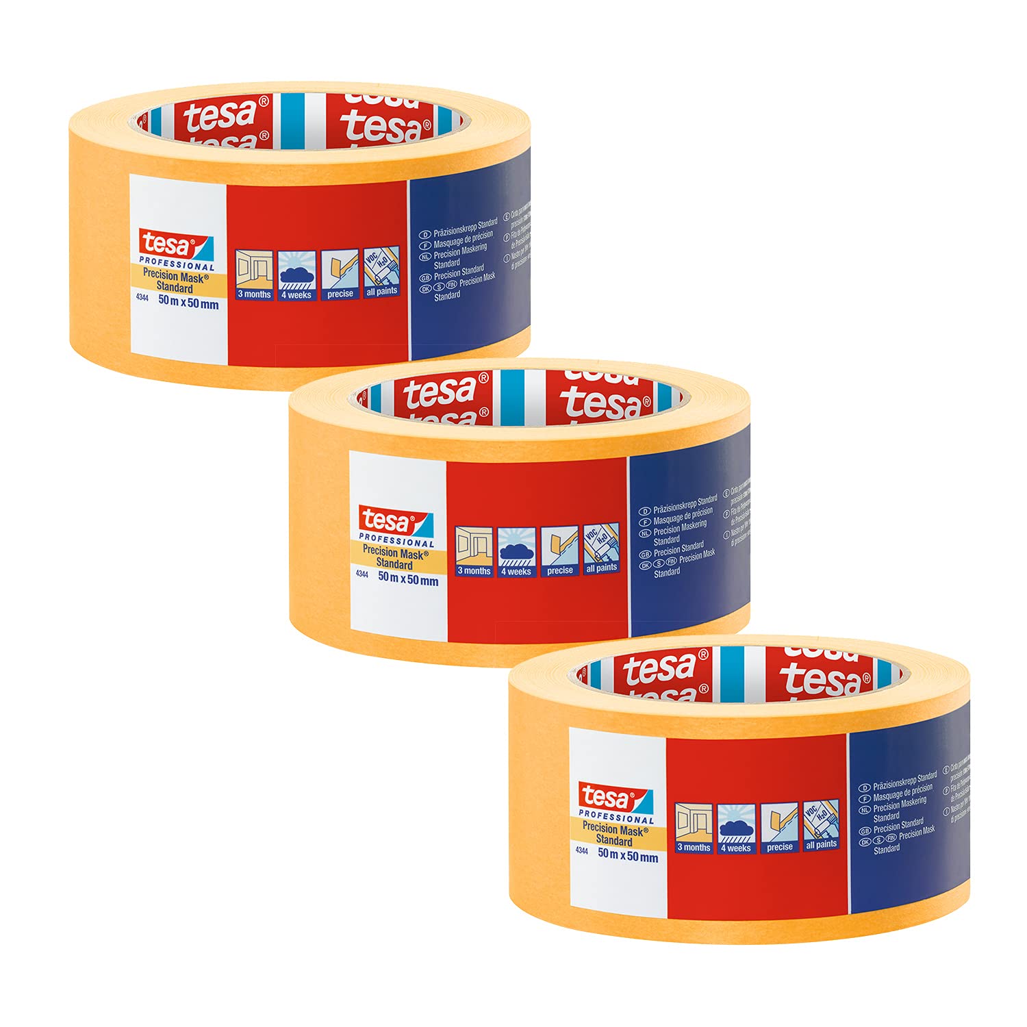 tesa Precision Masking Tape 4344 Standard Pack of 3 Professional Masking Tape with Thin Paper Backing for Precise Masking and Covering Orange 50 m x 50 mm Each