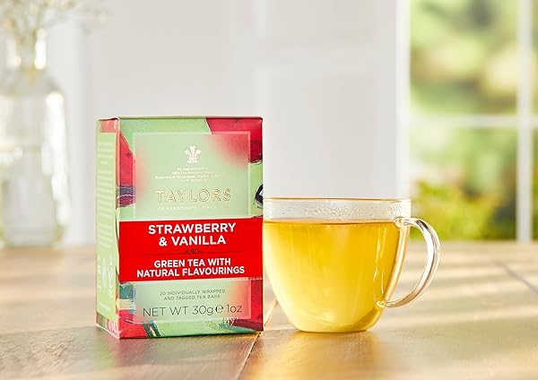 TAYLORS OF HARROGATE STRAWBERRY & VANILLA, GREEN TEA, INDIVIDUALLY WRAPPED BAGS, 20 COUNT (PACK OF 1), SMOOTH, JUICY AND SWEET, CAFFEINATED, ENJOY HOT OR ICED, 20 TEABAGS
