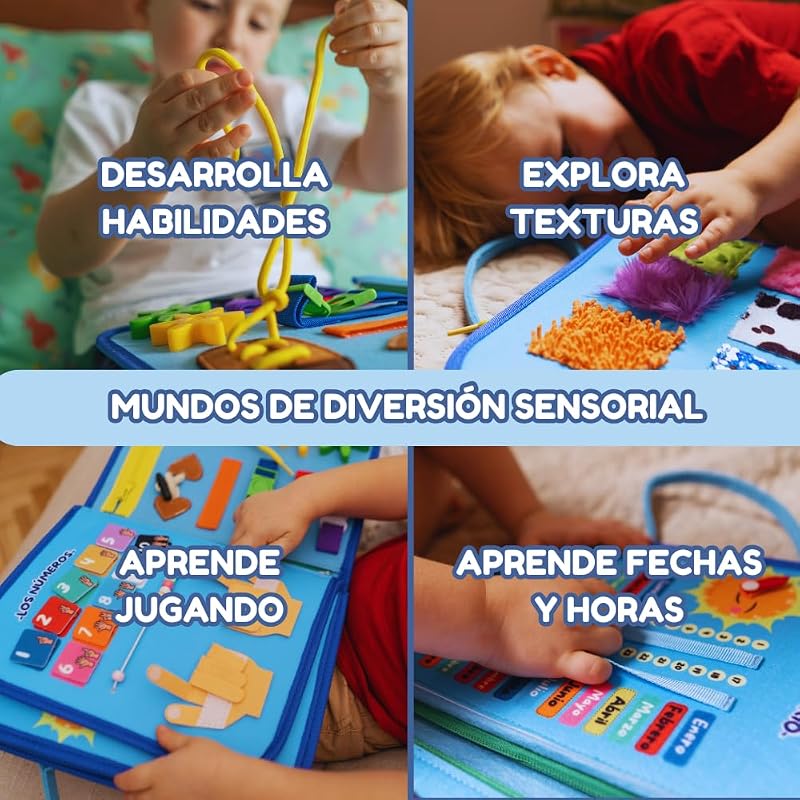 Tabuleiro Ocupado Montessori EM ESPANHOL – 3, 4 e 5 anos, Brinquedo de Viagem Portátil Educativo Sensorial Motricidade Fina e Aprendizagem, Livro de feltro Montessori, Presente para Raparigas e Rapazes