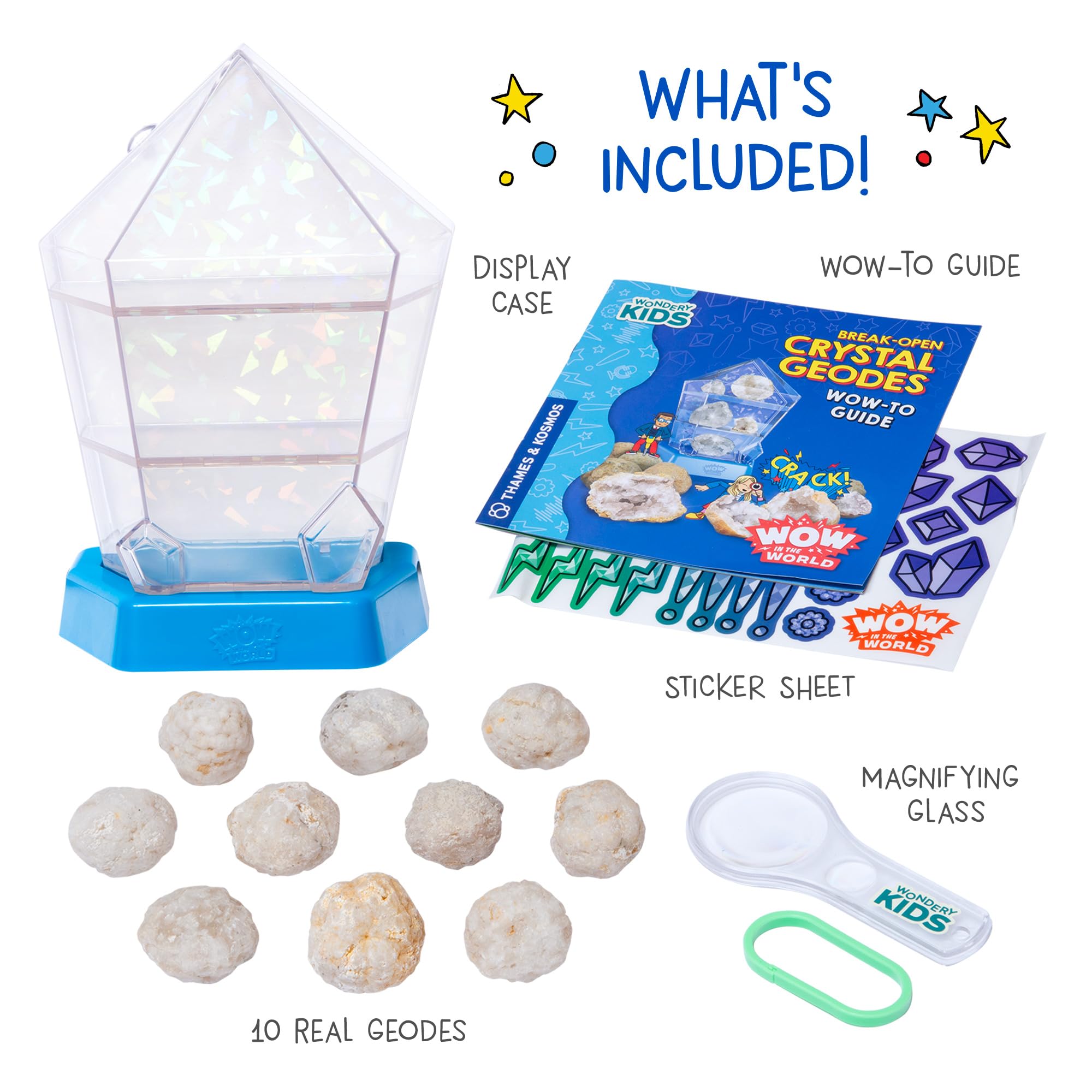Wow in The World – 10 Real Break-Open Crystal Geodes with Display Case – Bonus Goggles & Magnifying Glass, Companion Audio Content, STEM Toy for Boys & Girls 6+ by Thames & Kosmos