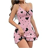 OYOANGLE Women's Cute Bow Nightgowns Heart Print Halter Sleep Dress Ribbed Knit Babydoll Chemise