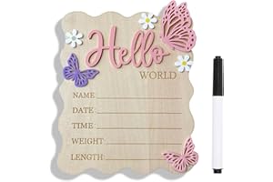 DUOJINSANXI Baby Announcement Sign, 5.9x7.2 Inch Wooden Hello World Newborn Signs, Birth Announcement Sign, Butterfly Daisy Decoration, Welcome Newborn Arrival to World, Hospital Nursery for baby (Pink,Pen)