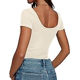 BESTPOEM Scoop Open Back Cropped Tops for Women Summer Ribbed Boat Neck T Shirts Short Sleeve Two Ways Neckline Wear