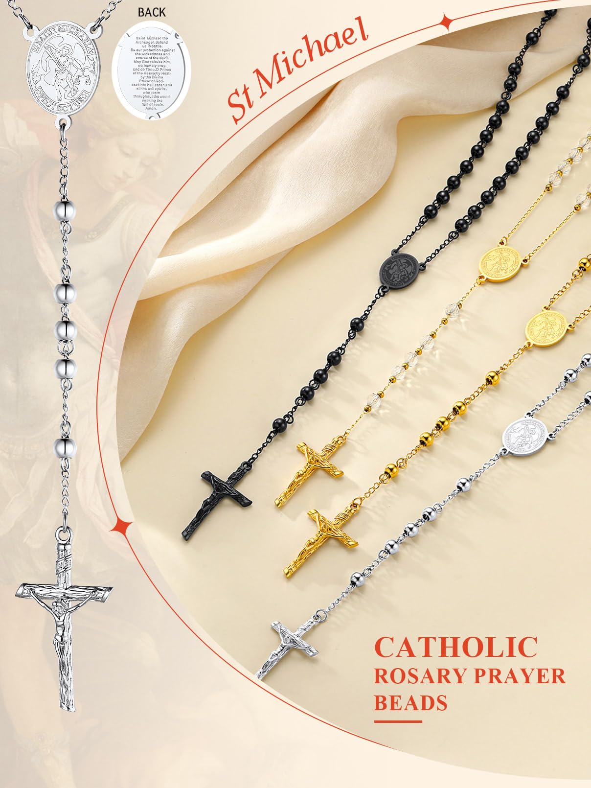 FaithHeart Rosary Beads Catholic Necklace for Men, St Michael/St Christopher/Virgin Mary Prayer Rosaries with Crucifix Cross Stainless Steel Praying Rosary Necklace