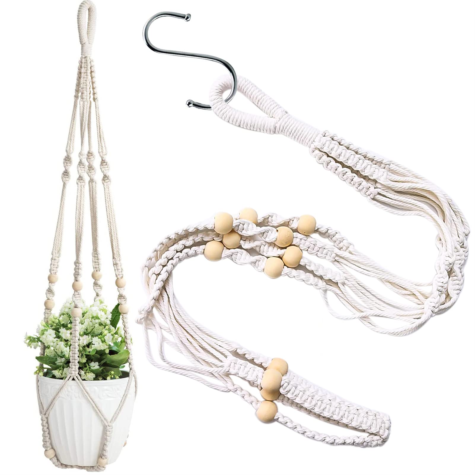 LAOJU Macrame Hanging Planters Plant Hangers Macrame Braid Wall Hanging Plant Holder Cotton Rope with Bead Flower Pot Basket with Hook for Indoor Outdoor Garden Home Decor