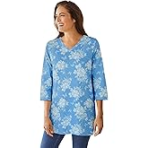 Woman Within Plus Size Perfect Printed Three-Quarter-Sleeve V-Neck Tunic