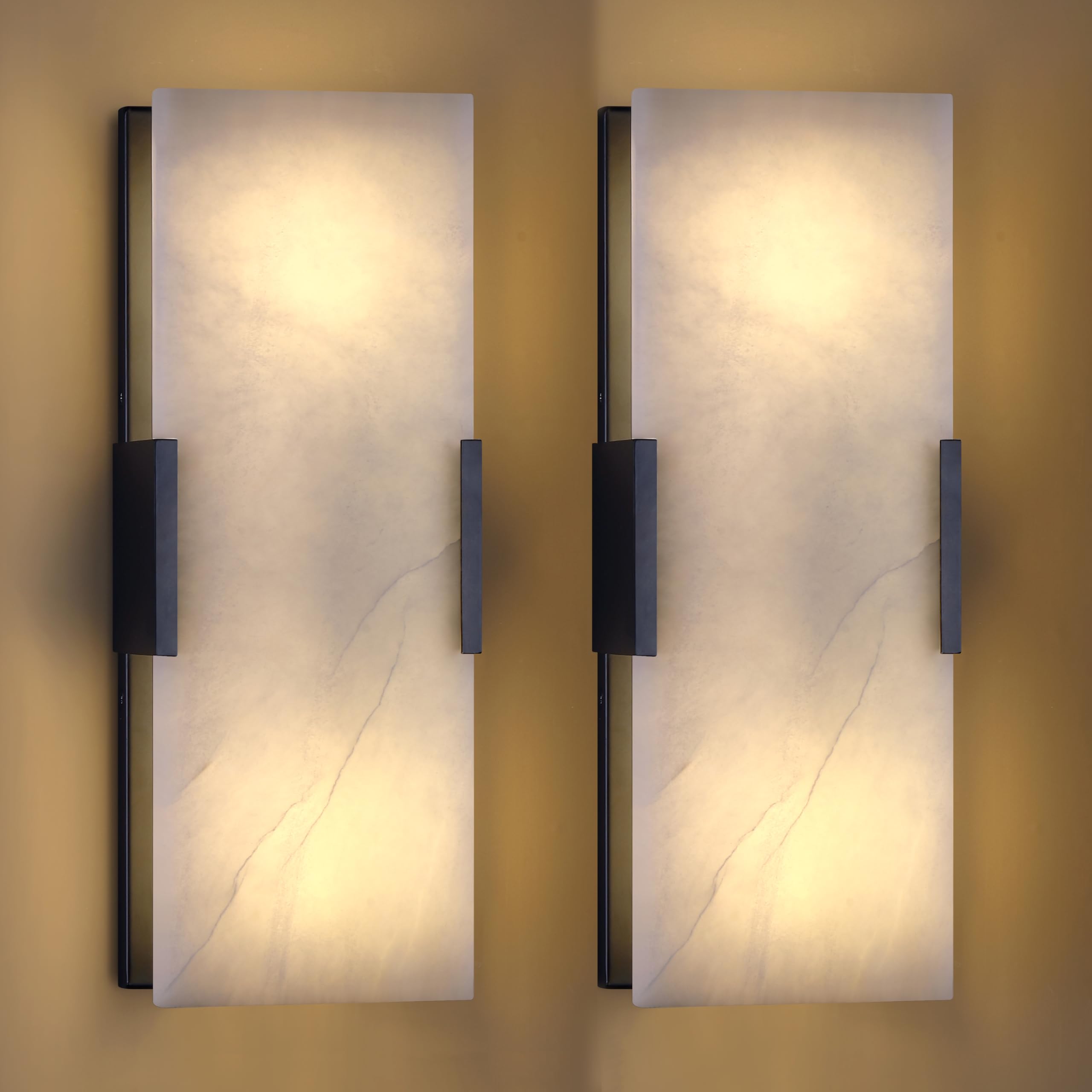 Photo 1 of 2 Pack 2 Light Square Natural Alabaster 15 Inch Marble Bathroom Wall Sconce Modern Concise Style Wall Light Fixture,Black Finish for Bedroom Hallway Bedside Living Room