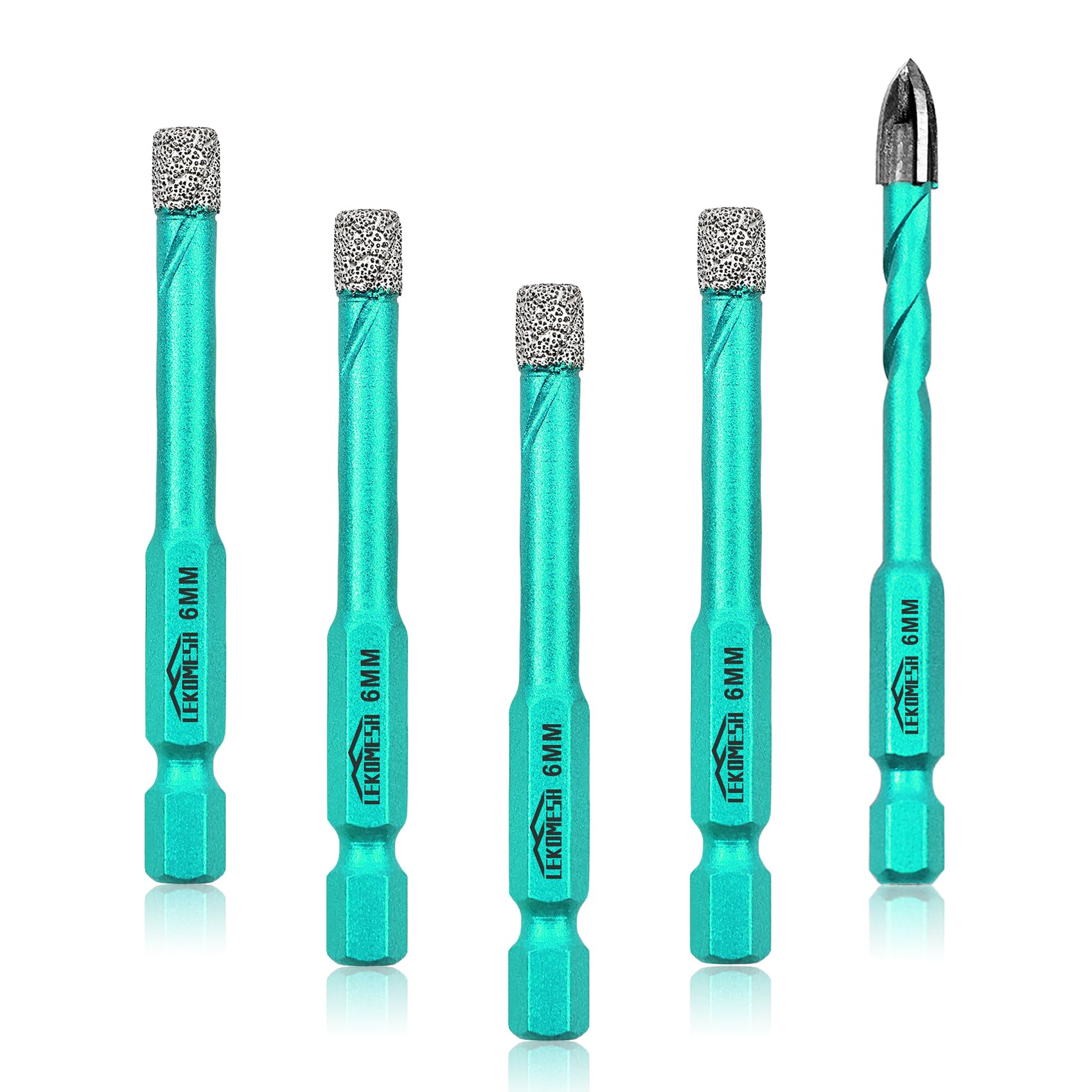 LEKOMESH Porcelain Tile Drill Bits Set - 5pcs 6/6/6/6mm Diamond Hole Saw & 6MM Carbide Drill with Quick Change Hex Shank for Porcelain Tile Drill Bits for Ceramic Marble Granite Stone Quartz — image 1
