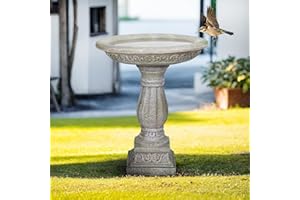 SunJet 23.8 Inch High Concrete Bird Bath with Carved Pedestal – Birdbath Sturdy & Elegant Design, Stone-Like Texture, Attract