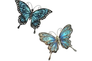 LIFFY Metal Butterfly Wall Decor,2Pack 12" Hanging Glass Butterfly Outdoor Decor,Garden Decorative Ornaments Outside for Home