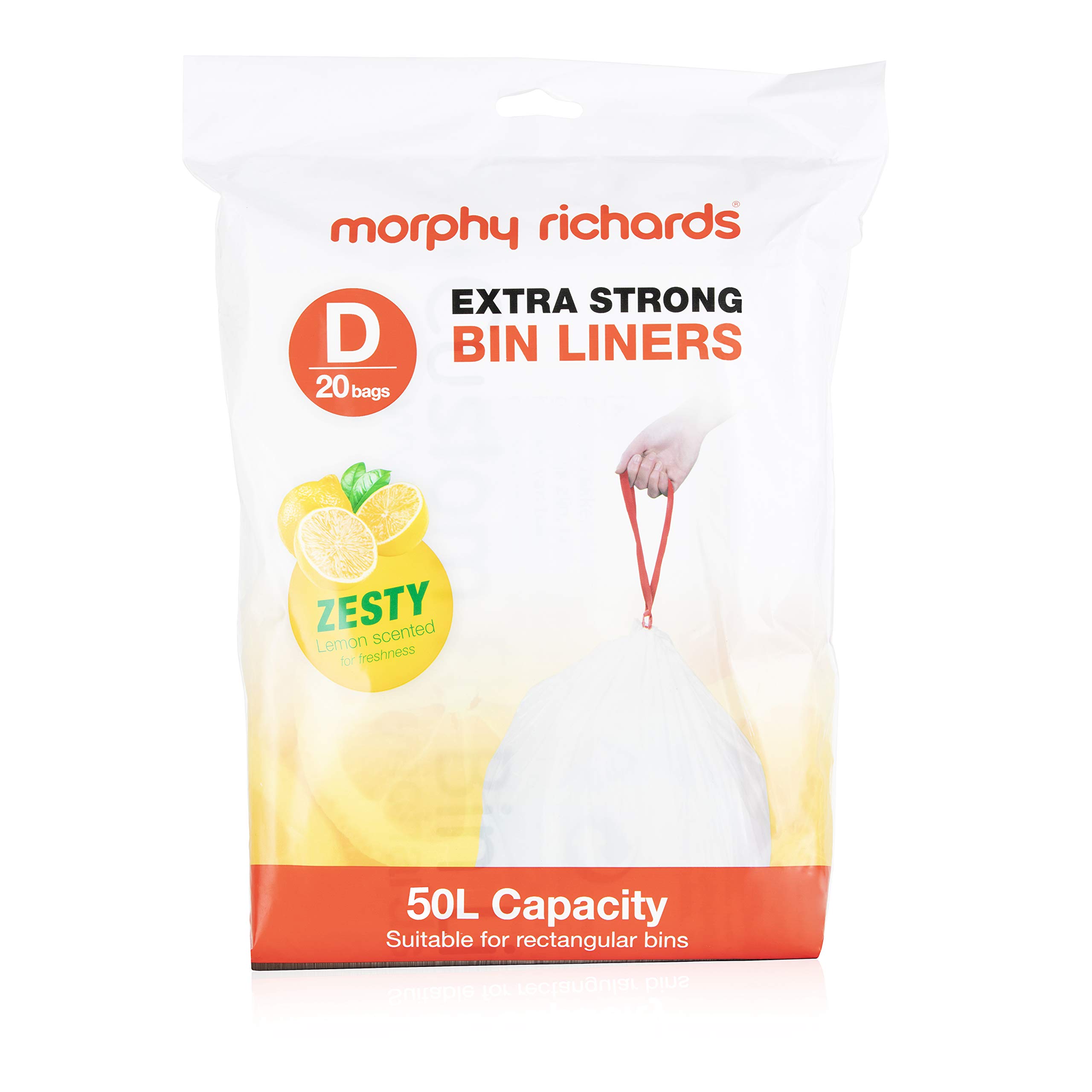 Morphy Richards979039 Kitchen Bin Bag 50L Lemon Scented Heavy Duty Drawstring Bin Liners, 20-Pack, White, Compatible with most 50L bins